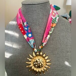 Bold Hammered Metal Sun  Pendant Scarf Necklace